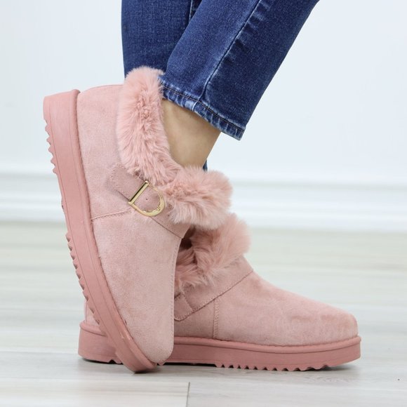 Faux Pink Suede Fuzzy Warm Ankle Booties Super Cozy Fully Lined - Picture 6 of 13